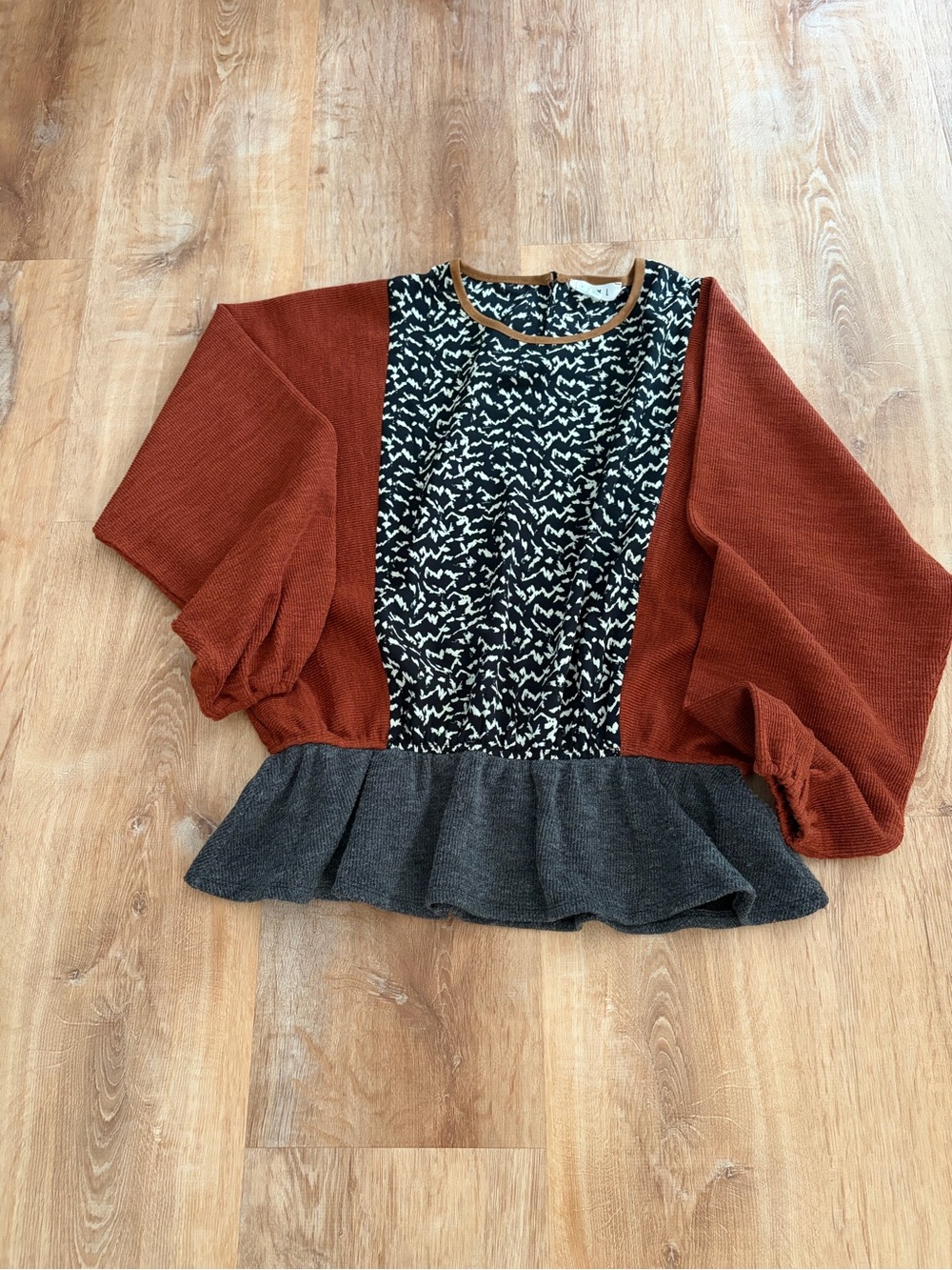 THML Burnt Orange Balloon Sleeve Peplum Top with Patterned Front